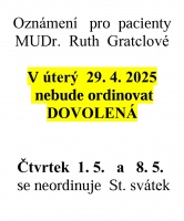 Oznámení pro pacienty MUDr. Ruth Gratclové